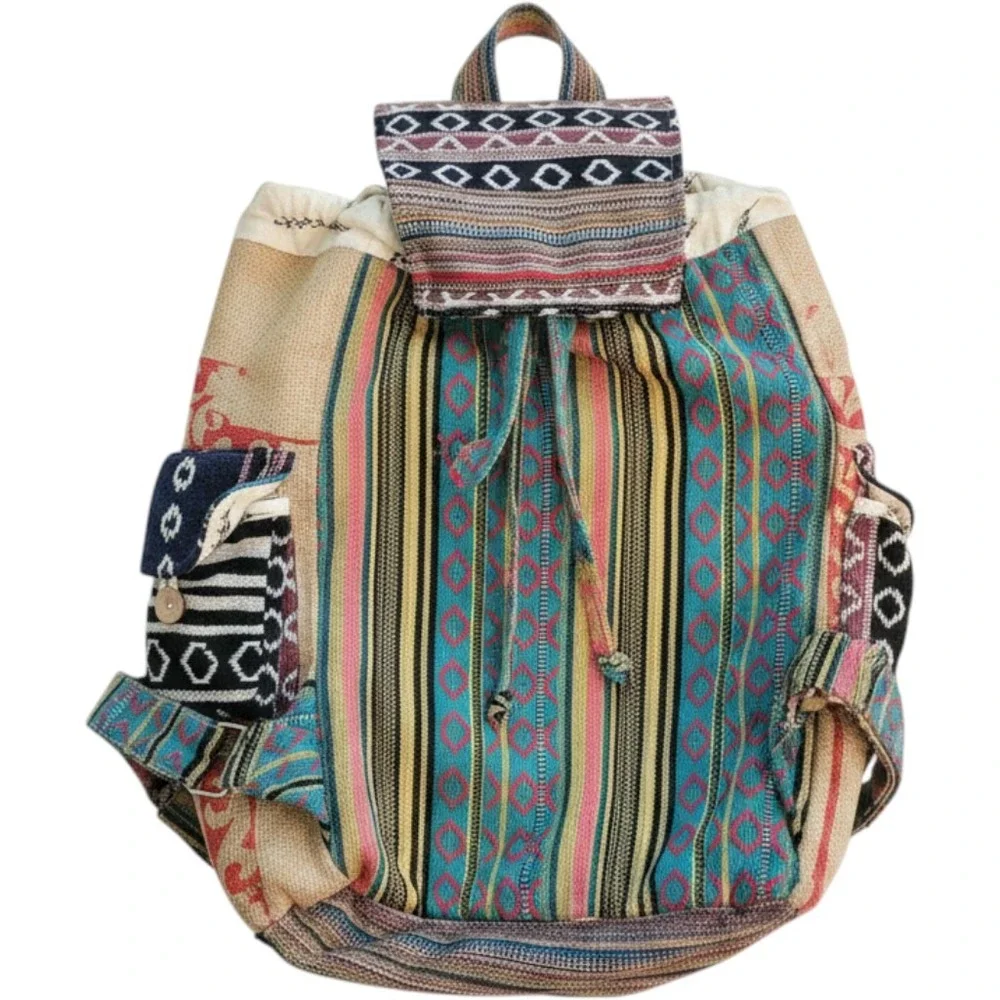 Rice Love Recycled Rice Bag Backpack Boho Tribal Woven‎ Upcycled Multi Color Bag